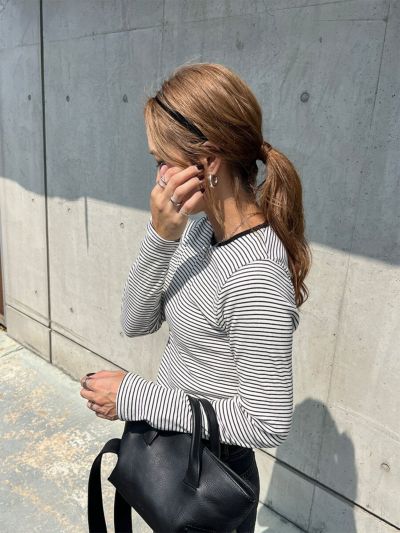 マイクロボーダーリブトップス | Micro border rib top(chiica