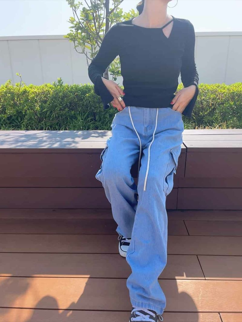 レディース デニム カーゴパンツ ルーズフィット（デニムパンツ